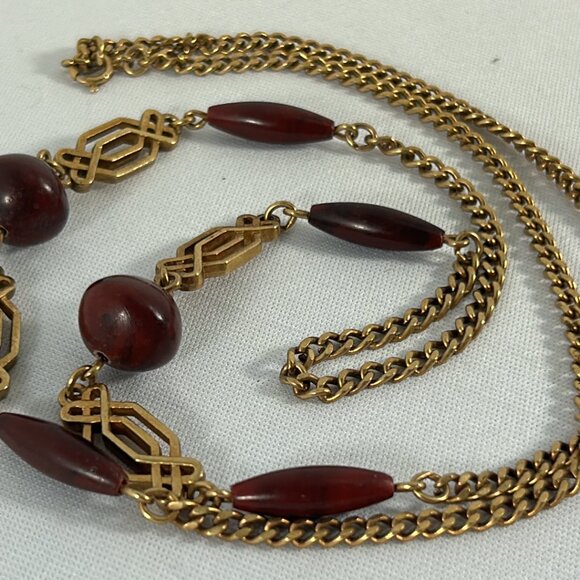 Vintage Sarah Coventry Gold Tone Brown Beaded Necklace Ornate Classic - Picture 3 of 7
